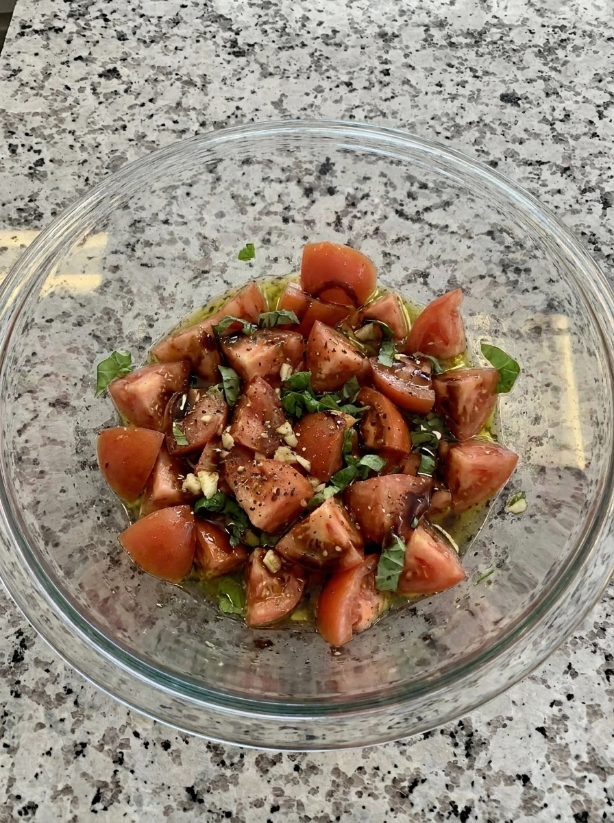 Tomato Bruschetta topping mixed in a bowl