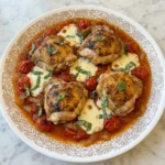 Tomato Chicken Skillet with browned chicken thighs and melted mozzarella in tomato sauce