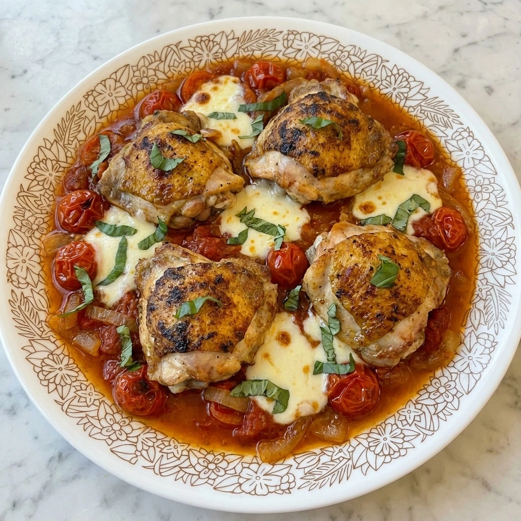 Tomato Chicken Skillet with browned chicken thighs and melted mozzarella in tomato sauce