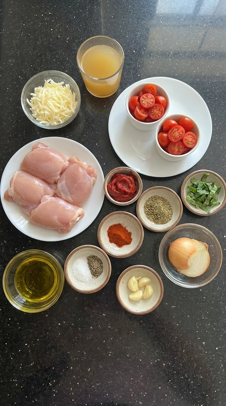 Ingredients for Tomato Chicken Skillet in separate small containers