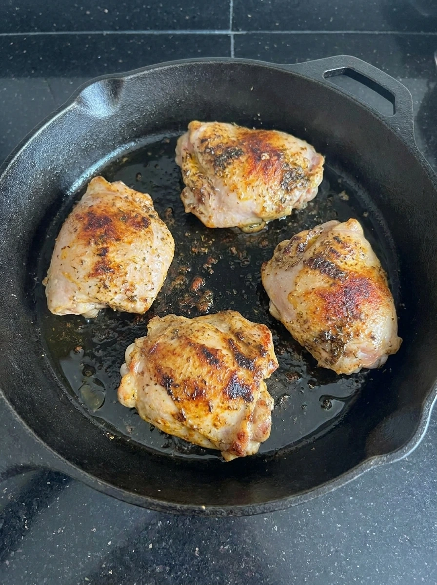 Chicken thighs searing in a skillet for Tomato Chicken Skillet