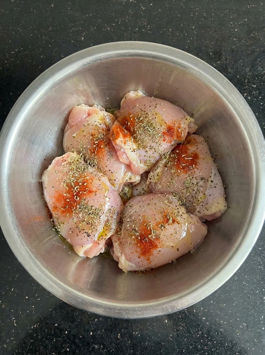 Four chicken thighs coated with seasoning for Tomato Chicken Skillet