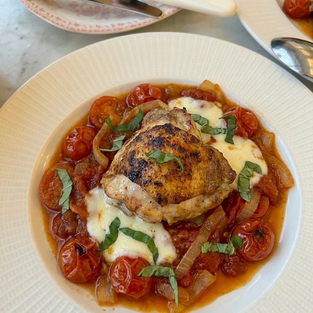 Single serving of Tomato Chicken Skillet with melted mozzarella and basil