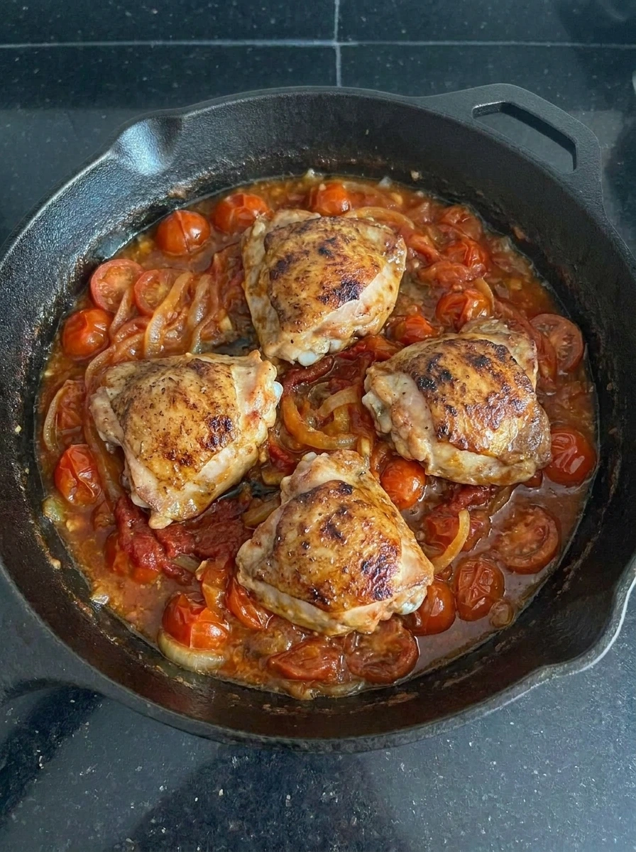 Chicken thighs simmering in tomato sauce for Tomato Chicken Skillet