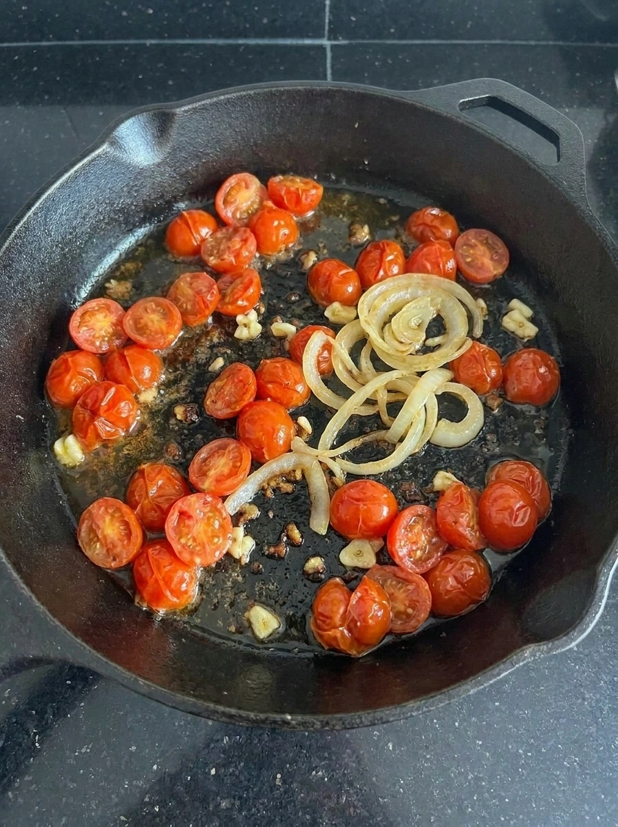 Tomatoes and onion softening in a skillet for Tomato Chicken Skillet