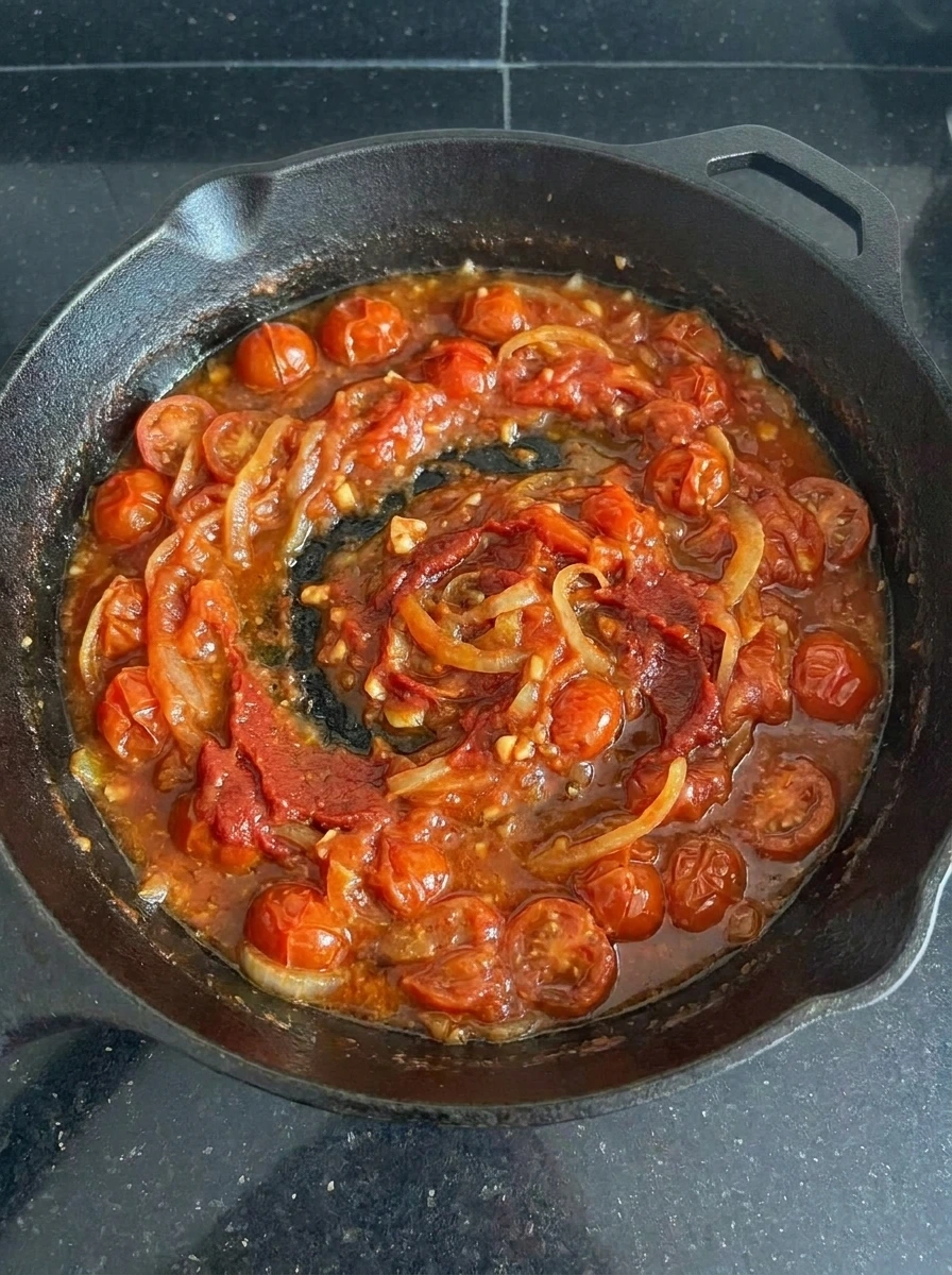 Chunky tomato sauce simmering for Tomato Chicken Skillet