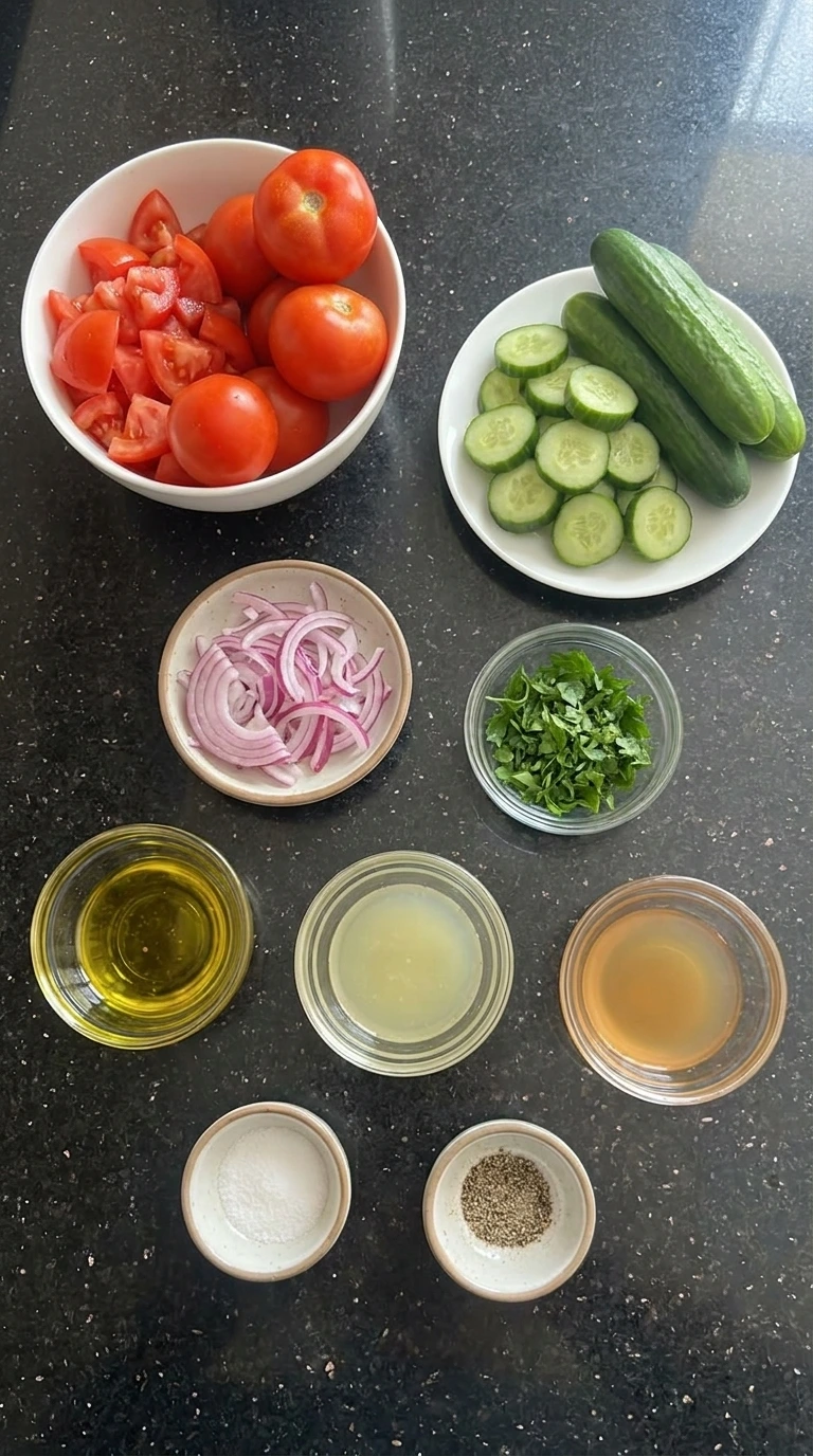 Ingredients for Tomato Cucumber Salad in separate containers