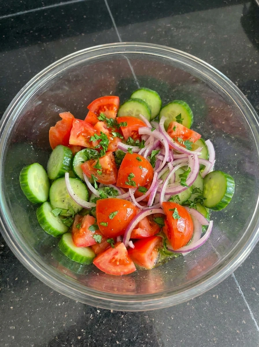Rested Tomato Cucumber Salad with parsley