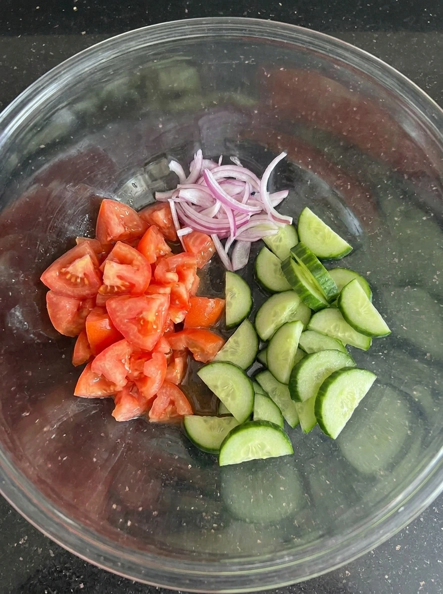 Sliced vegetables for Tomato Cucumber Salad