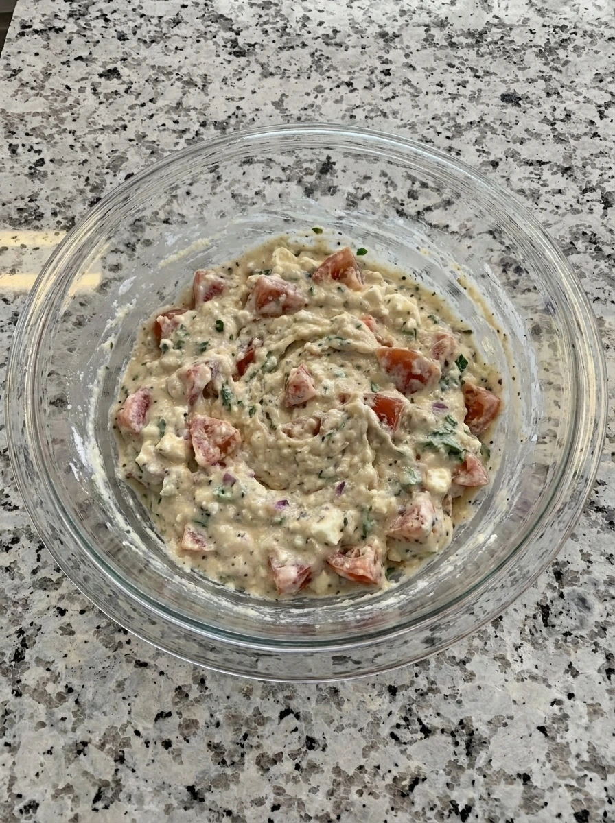 Tomato Fritters batter mixed in a bowl