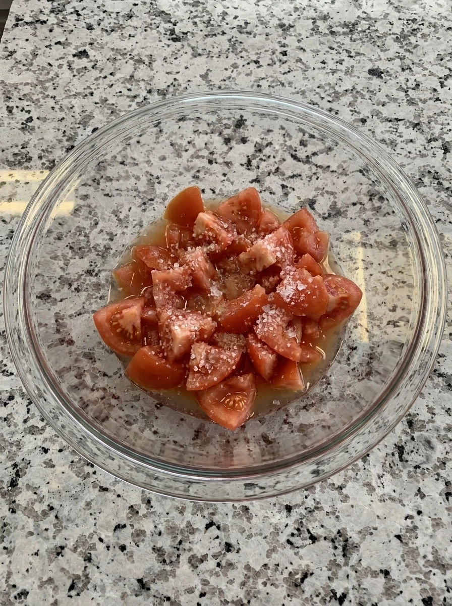 Diced tomatoes in a bowl for Tomato Fritters