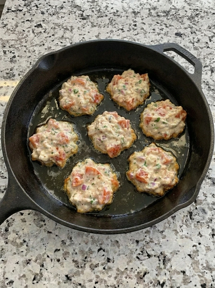 Tomato Fritters browning on the first side