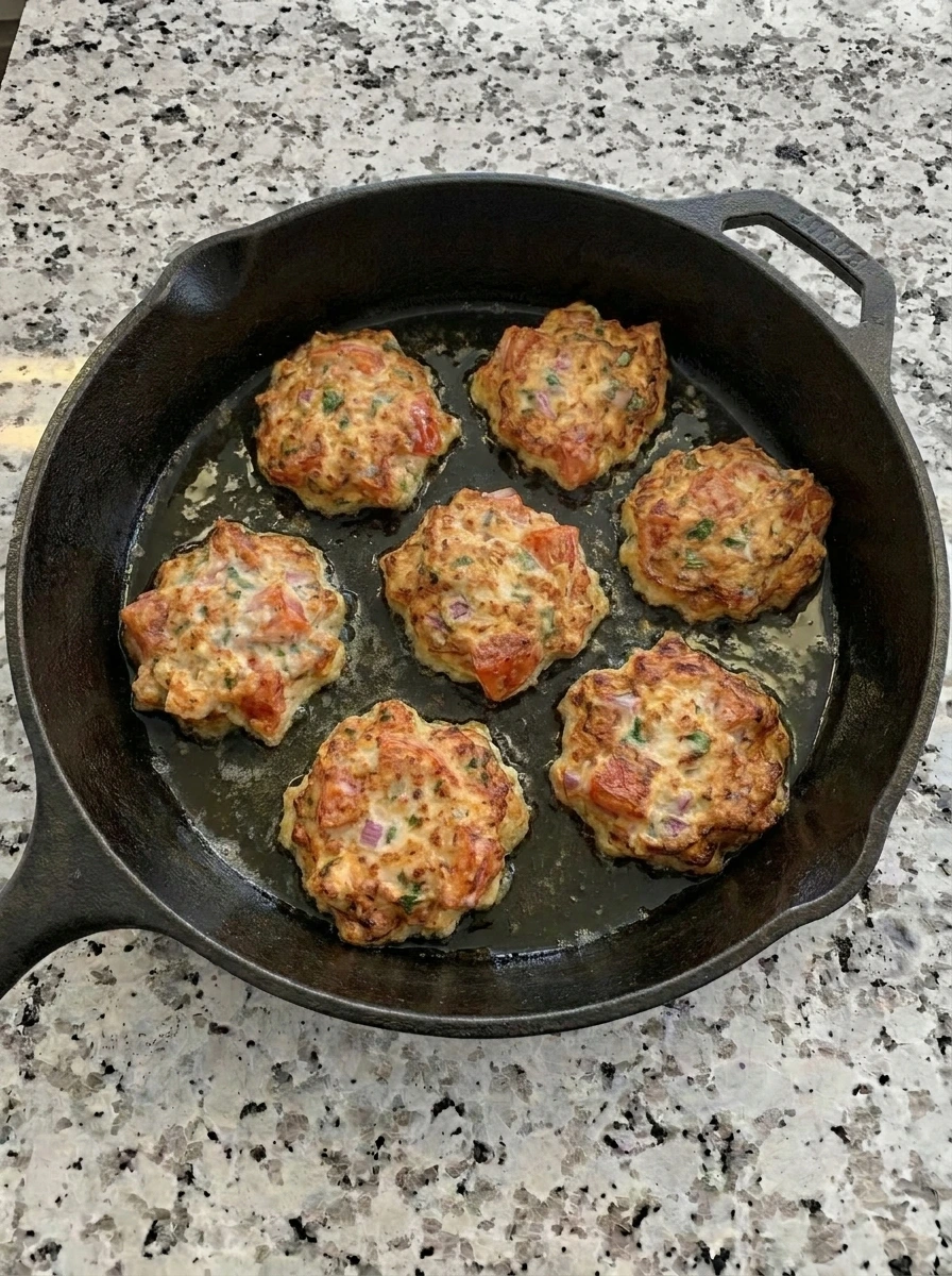 Tomato Fritters flipped and crisped in skillet