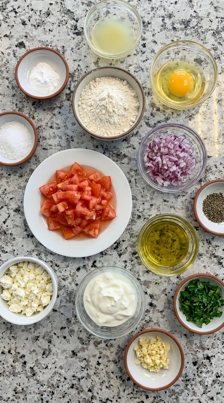 Ingredients for Tomato Fritters in separate small containers