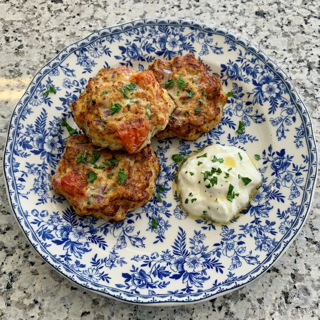 Served Tomato Fritters with yogurt dip