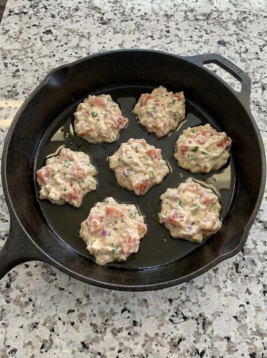 Tomato Fritters batter spooned into a skillet