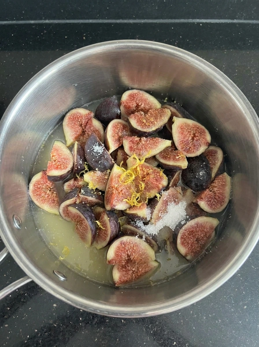 Figs mixed with sugar and lemon for Vanilla Bean Fig Preserves