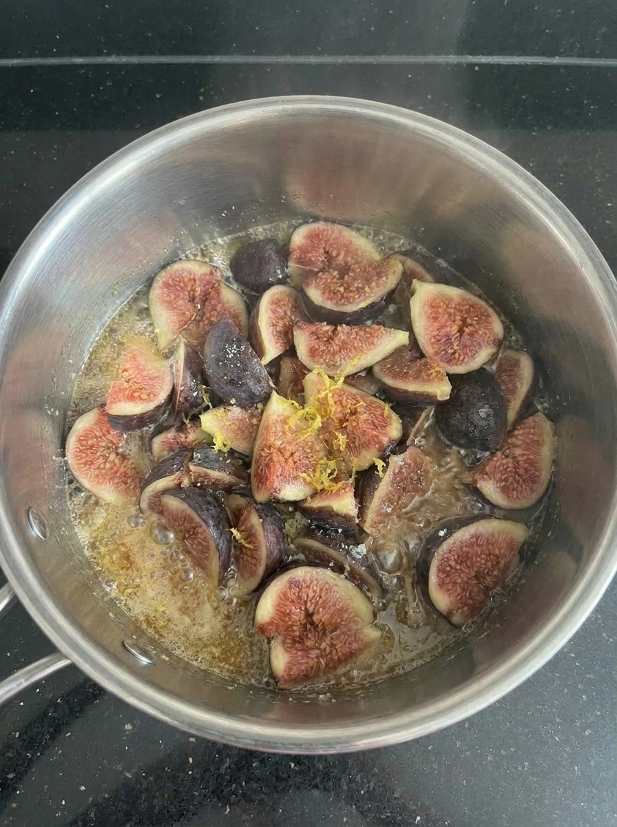 Softened figs simmering for Vanilla Bean Fig Preserves