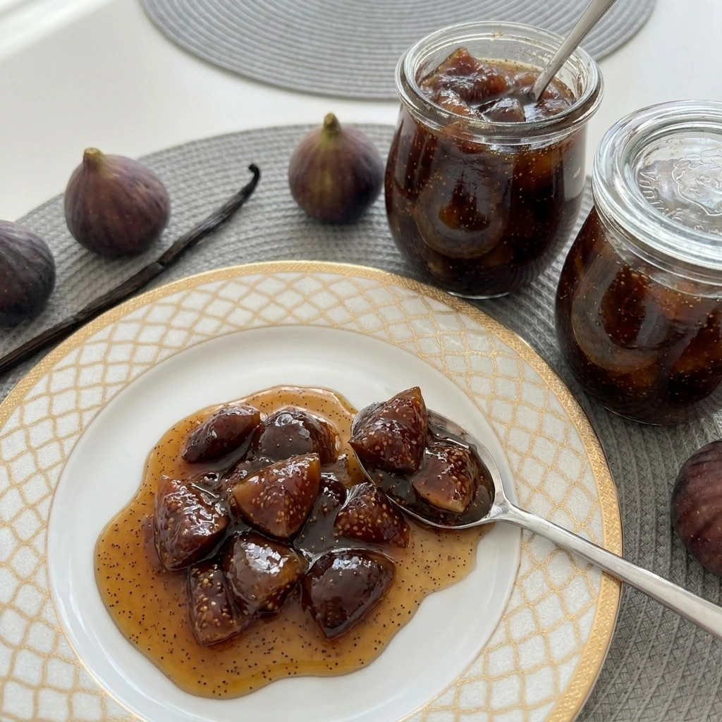 Vanilla Bean Fig Preserves in a jar with glossy fig pieces