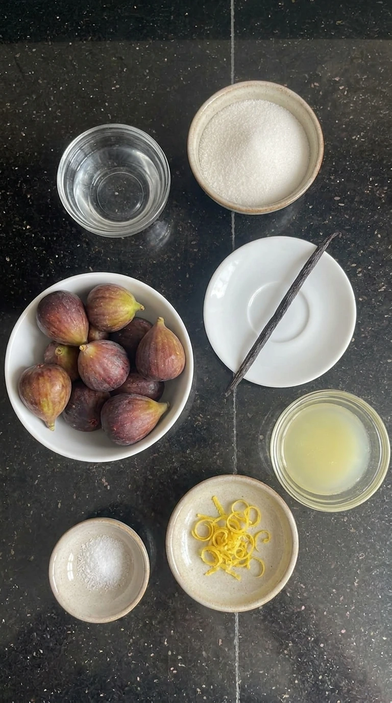 Ingredients for Vanilla Bean Fig Preserves in separate small containers