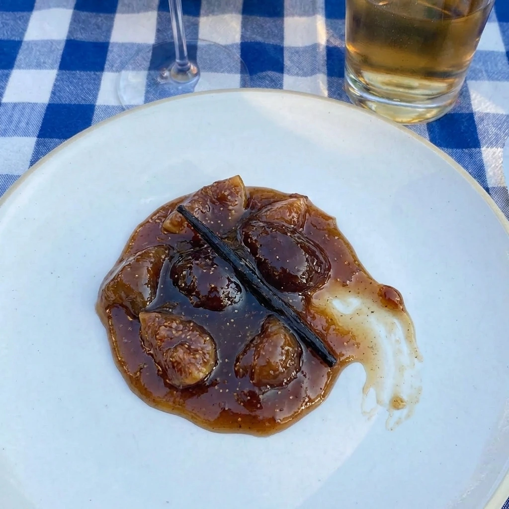 Single portion of Vanilla Bean Fig Preserves on a white plate