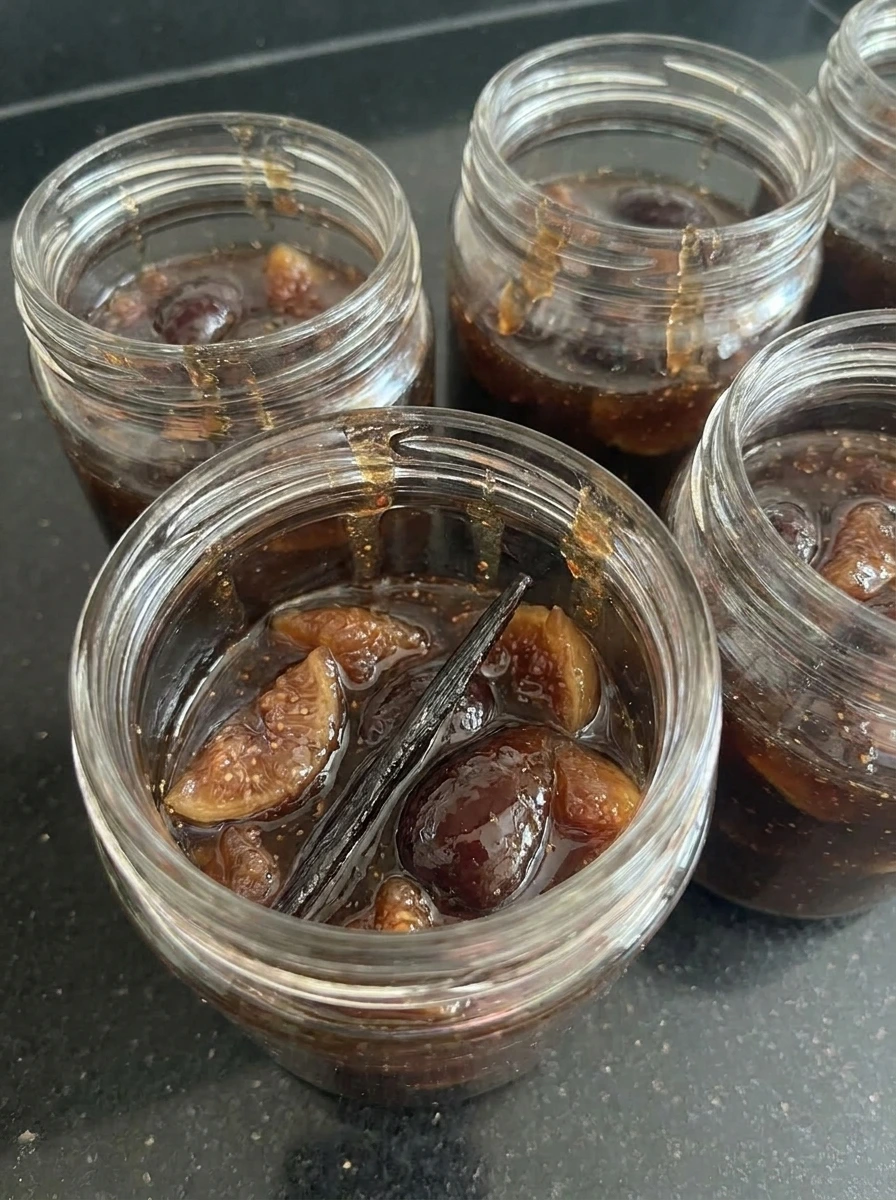 Vanilla Bean Fig Preserves spooned into jars