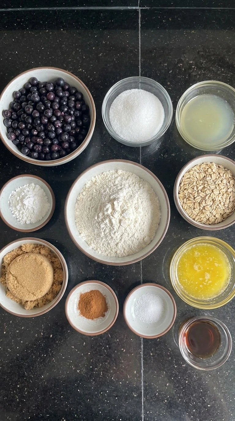 Ingredients for Wild Huckleberry Crumble Bars arranged in separate bowls