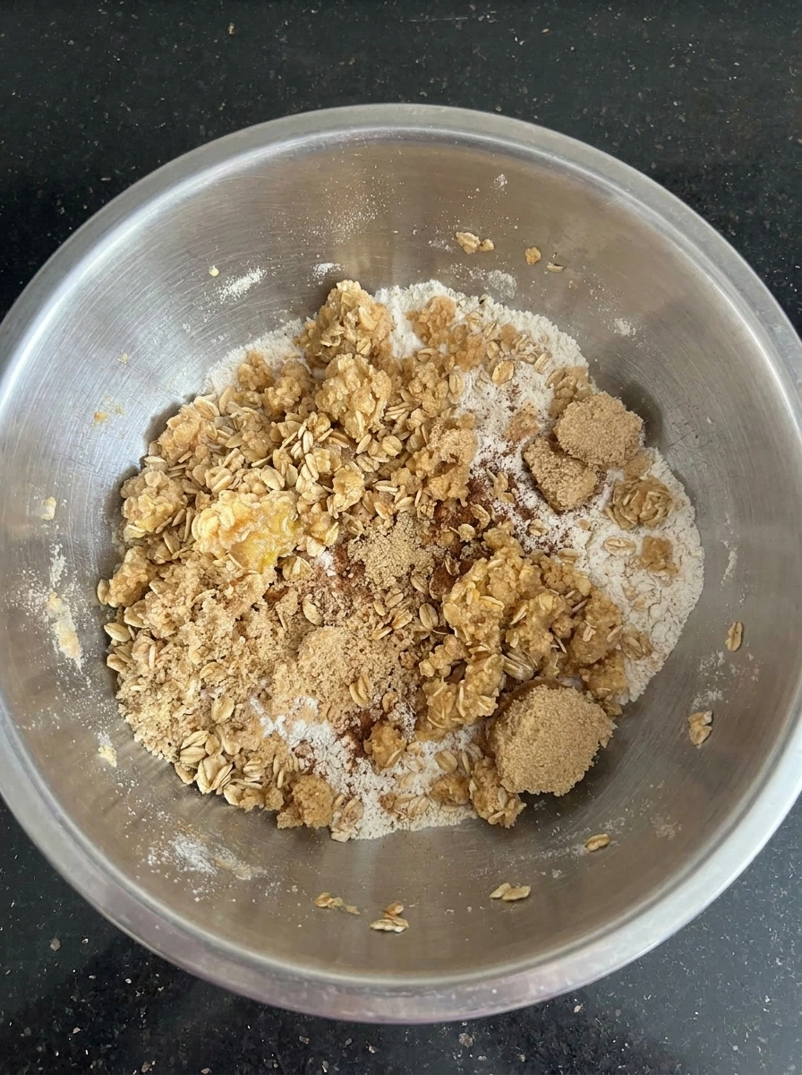 Buttery oat crumble mixed for Wild Huckleberry Crumble Bars