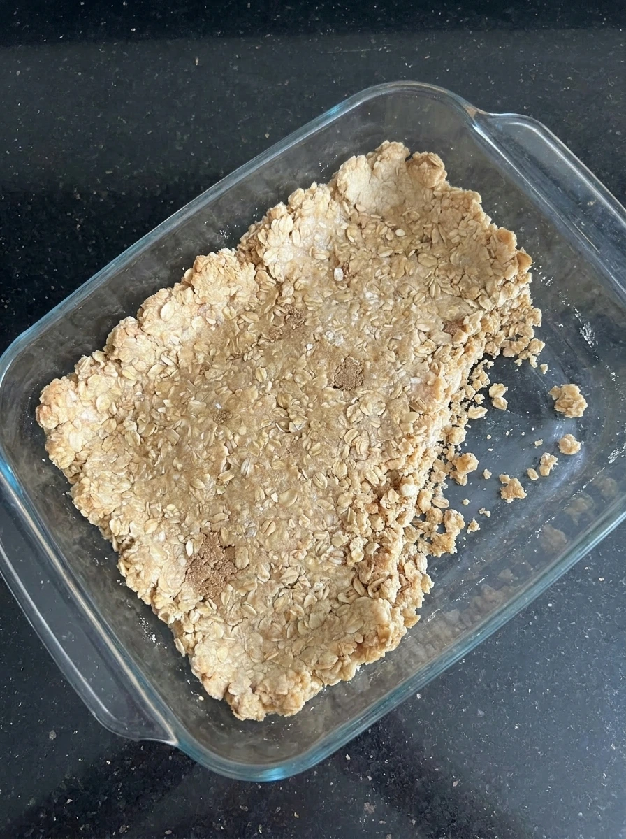Pressed oat crumble crust in baking dish