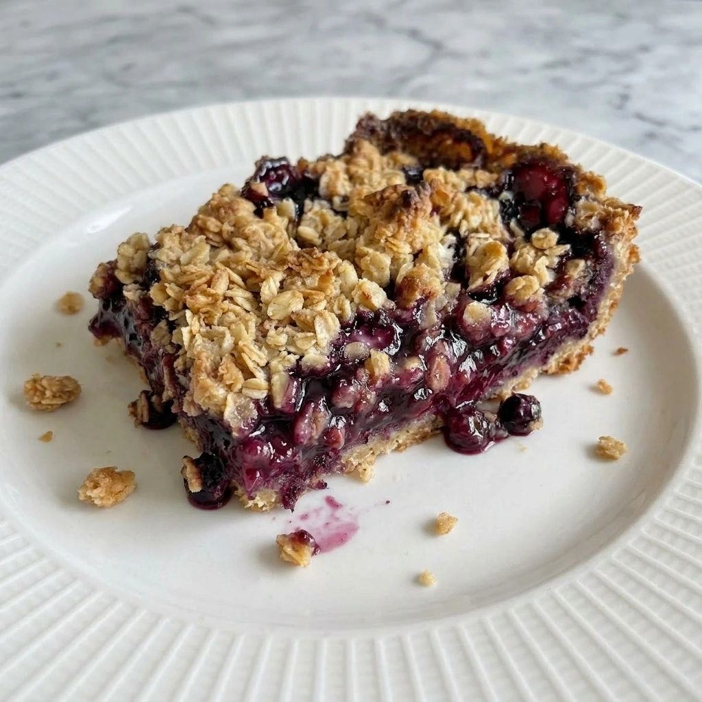 Single sliced Wild Huckleberry Crumble Bar on a white plate