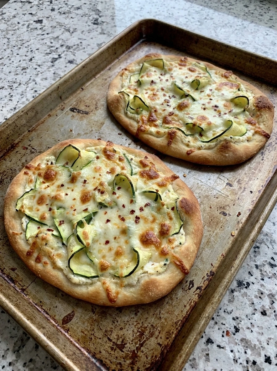 Baked Zucchini and Herbed Ricotta Flatbread with melted cheese