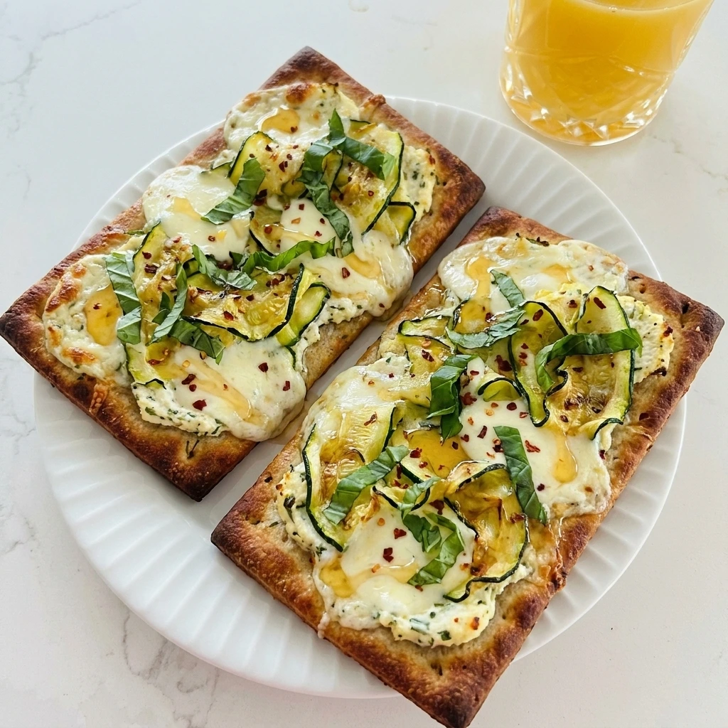 Zucchini and Herbed Ricotta Flatbread with browned edges and creamy ricotta