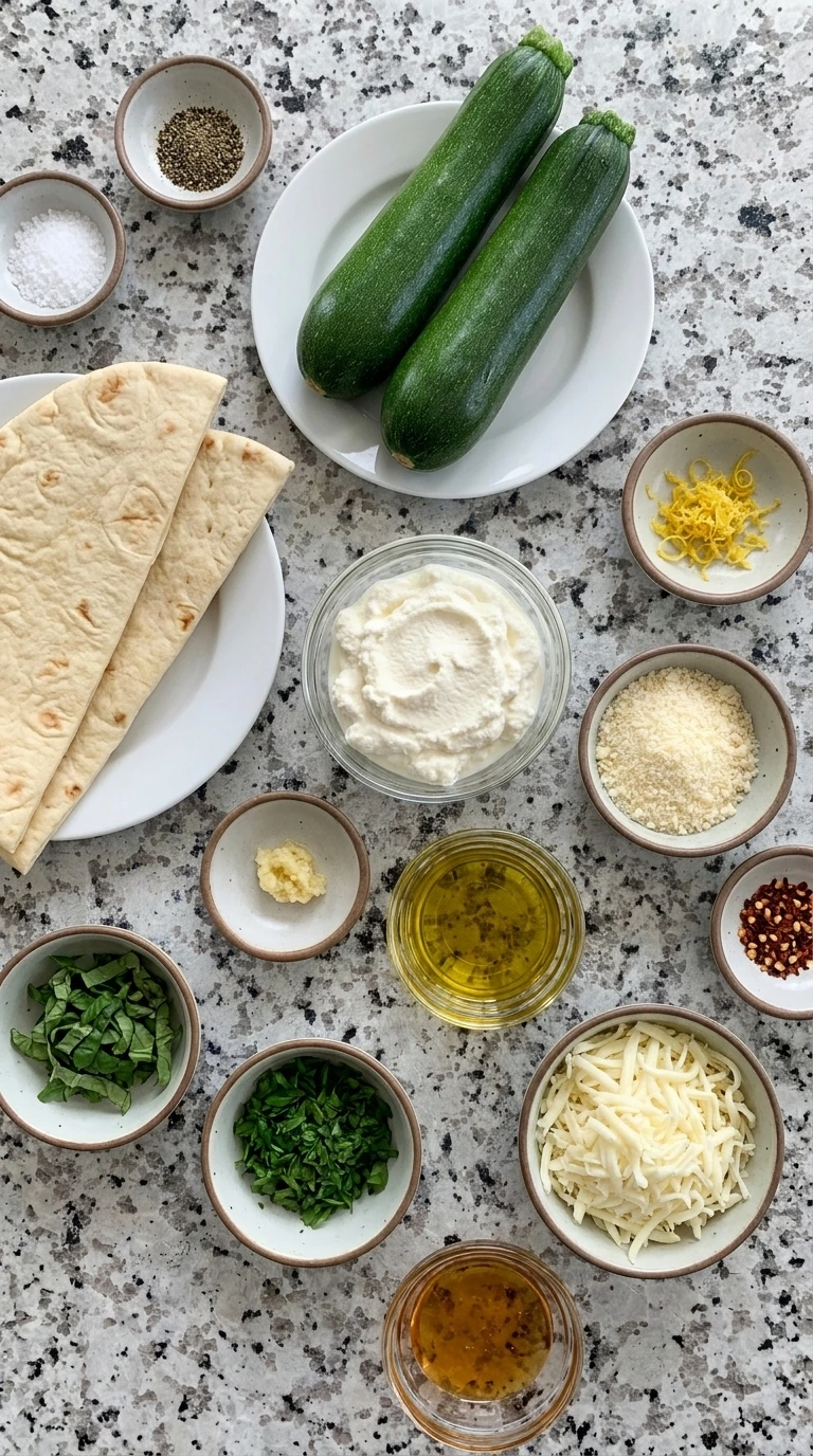Ingredients for Zucchini and Herbed Ricotta Flatbread in separate bowls