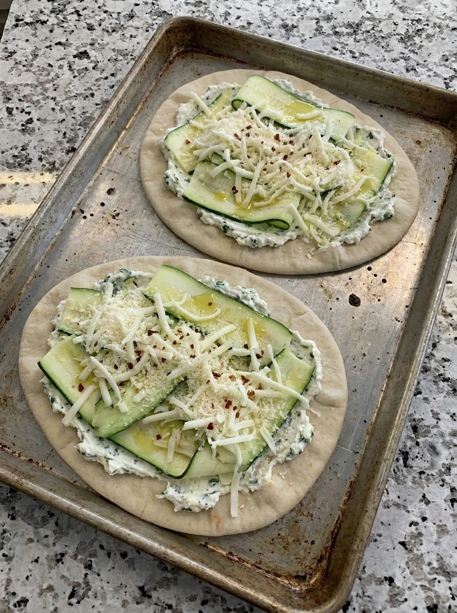 Zucchini and cheese layered on herbed ricotta flatbread