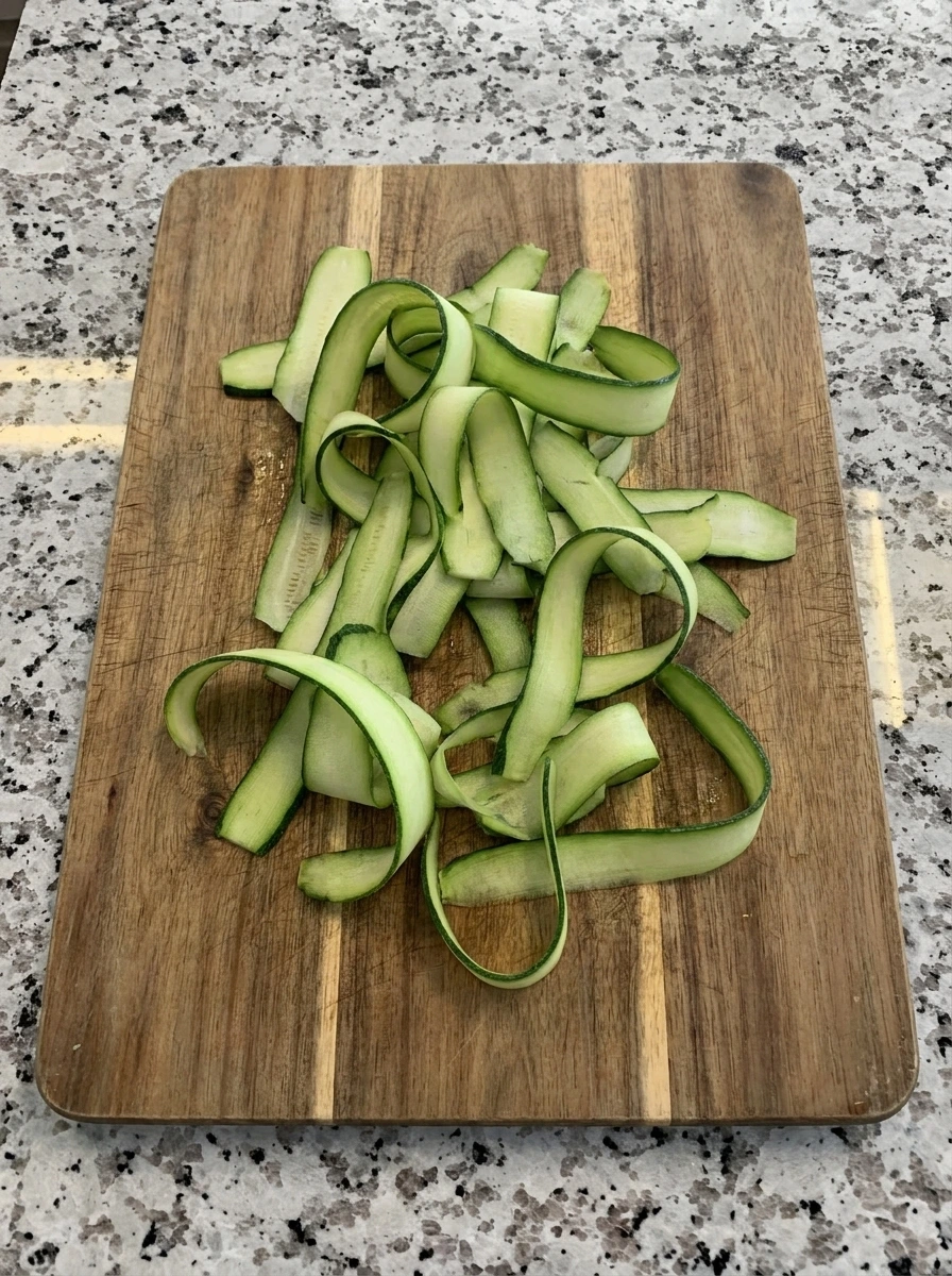 Thin zucchini ribbons for Zucchini and Herbed Ricotta Flatbread