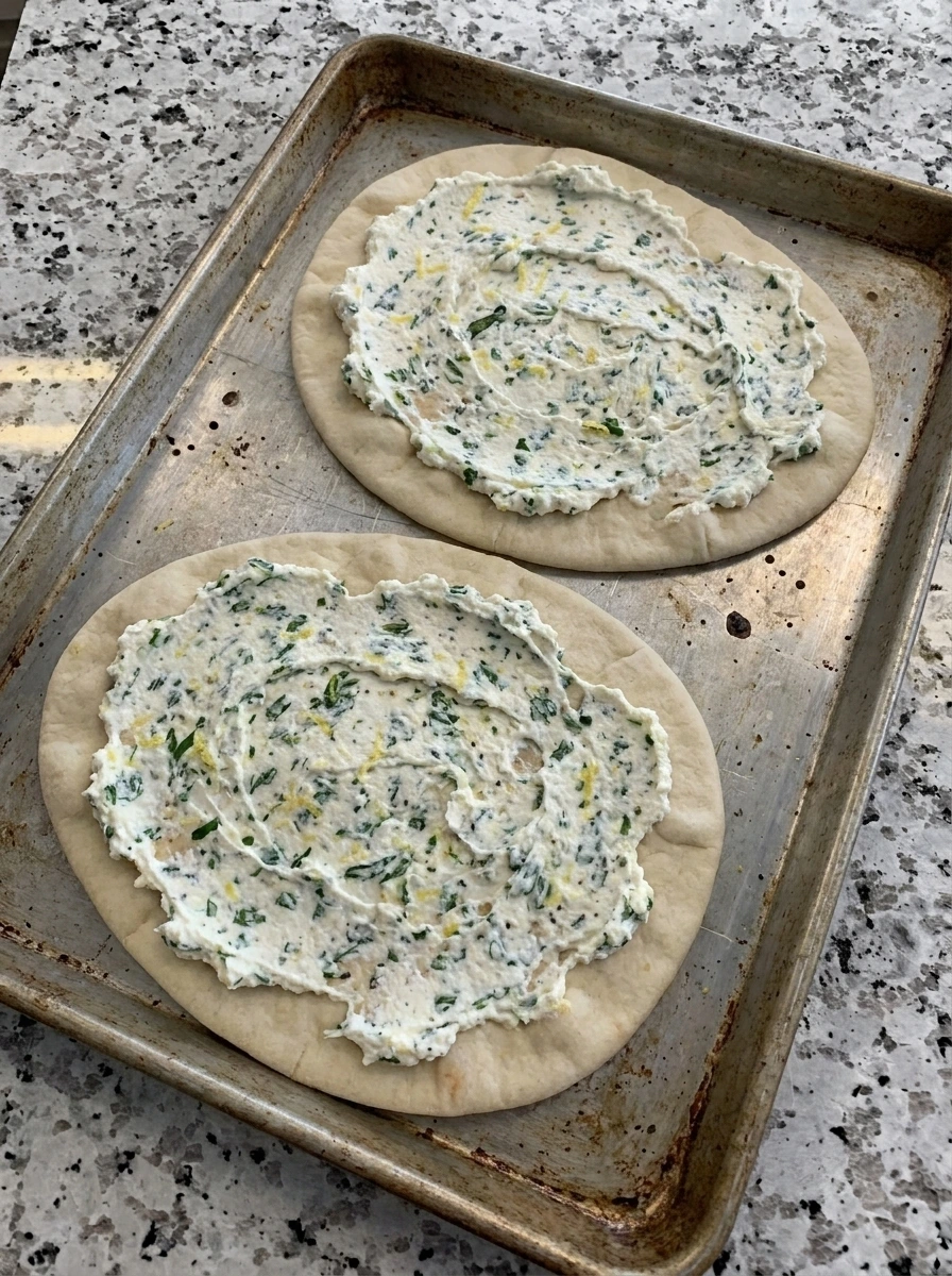 Ricotta spread over flatbread for zucchini herbed ricotta flatbread
