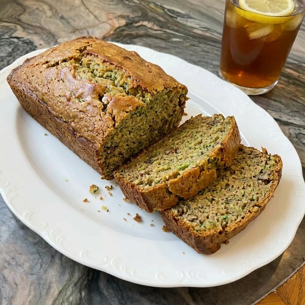Homemade Zucchini Bread loaf with sliced tender crumb