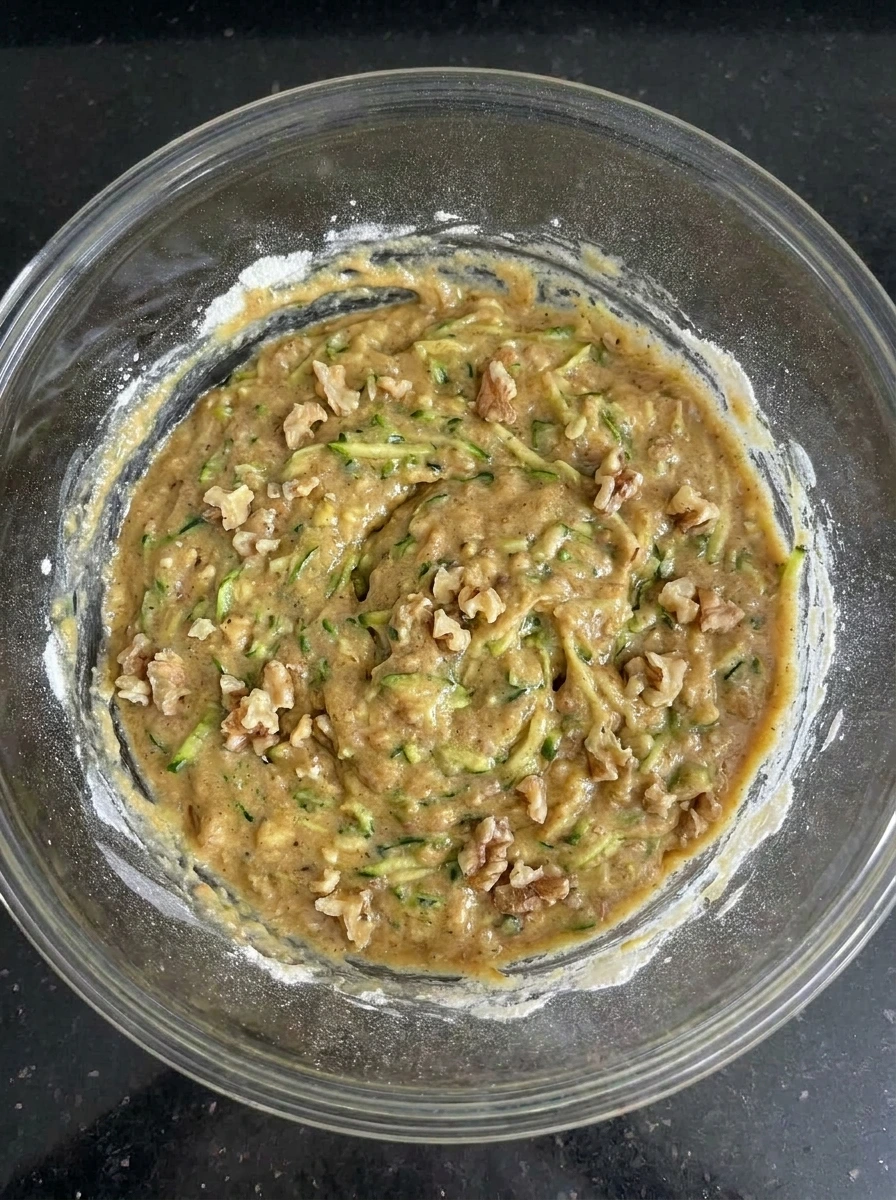 Zucchini and walnuts folded into batter