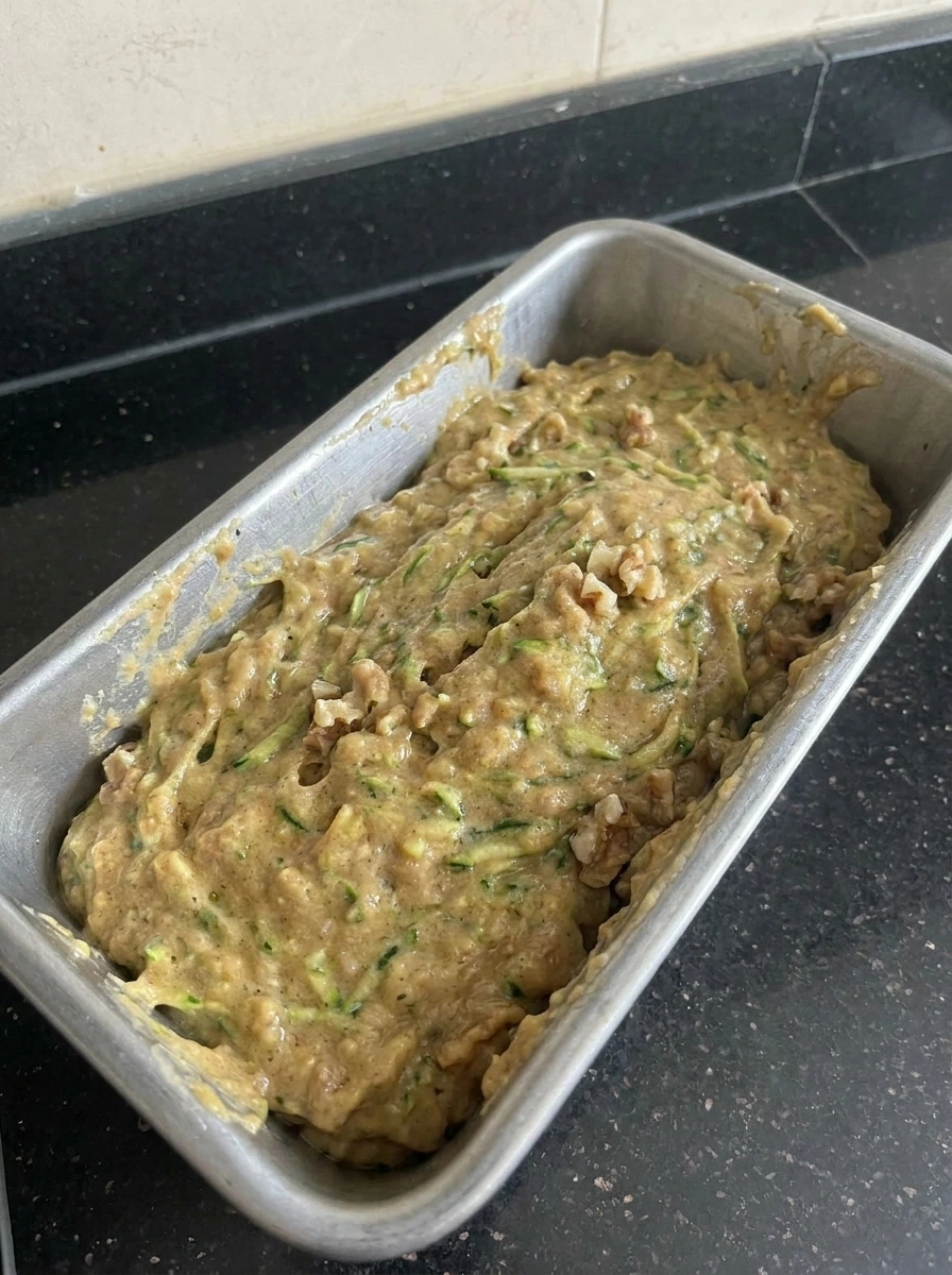 Zucchini Bread batter in loaf pan
