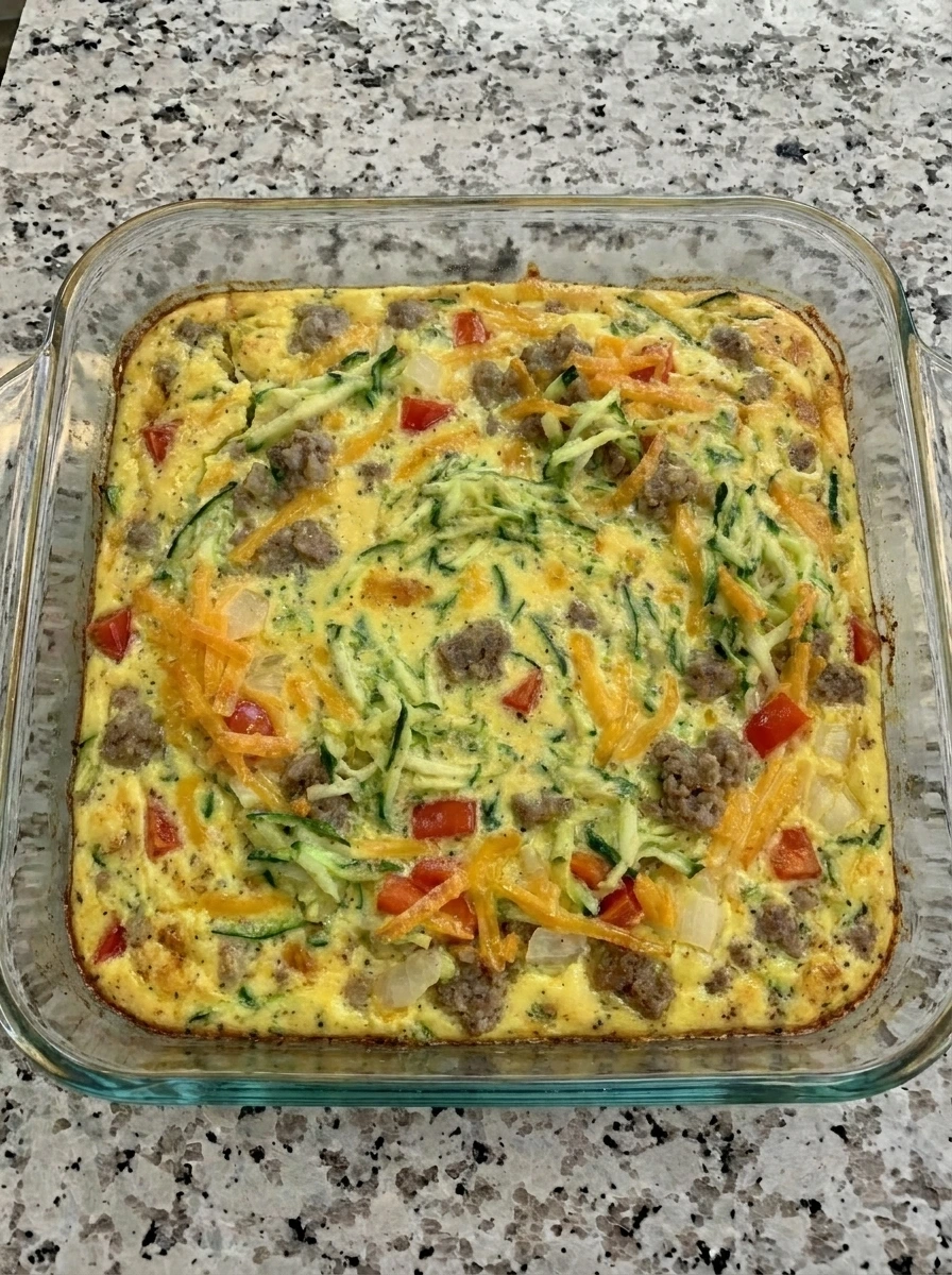 Baked Zucchini Breakfast Casserole with melted cheese and browned edges