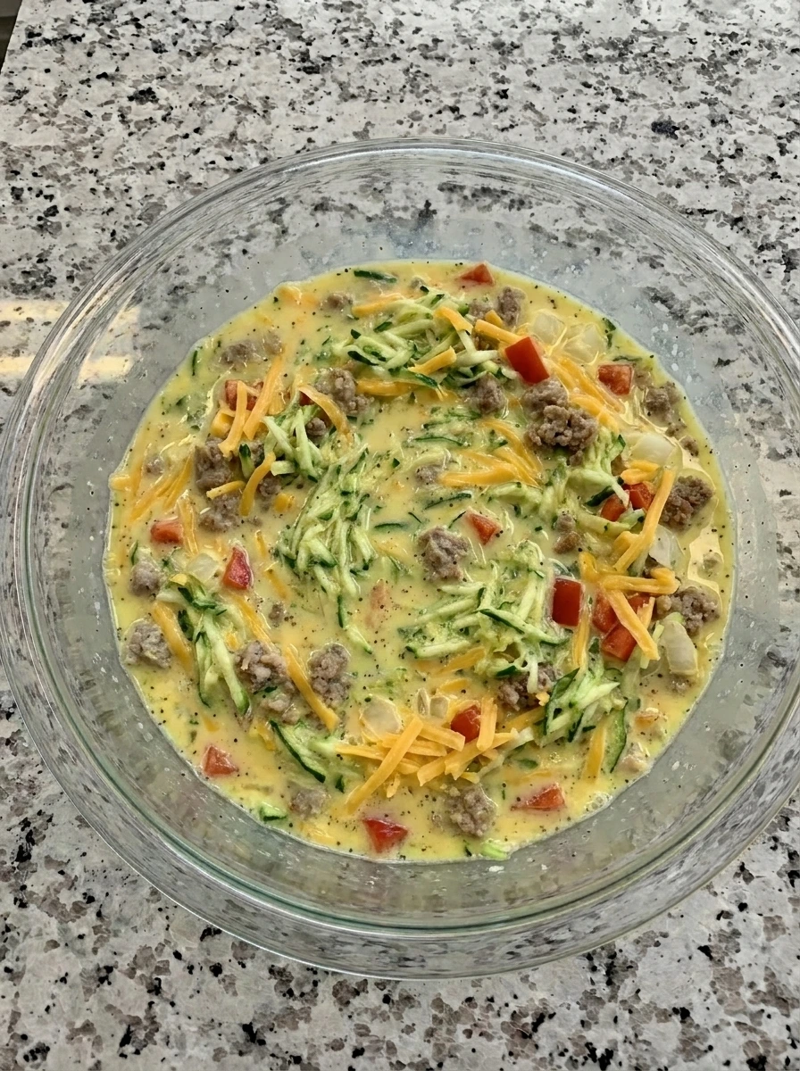 Zucchini sausage vegetables and cheese folded into egg mixture