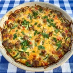 Zucchini Breakfast Casserole baked with eggs cheese sausage and golden edges