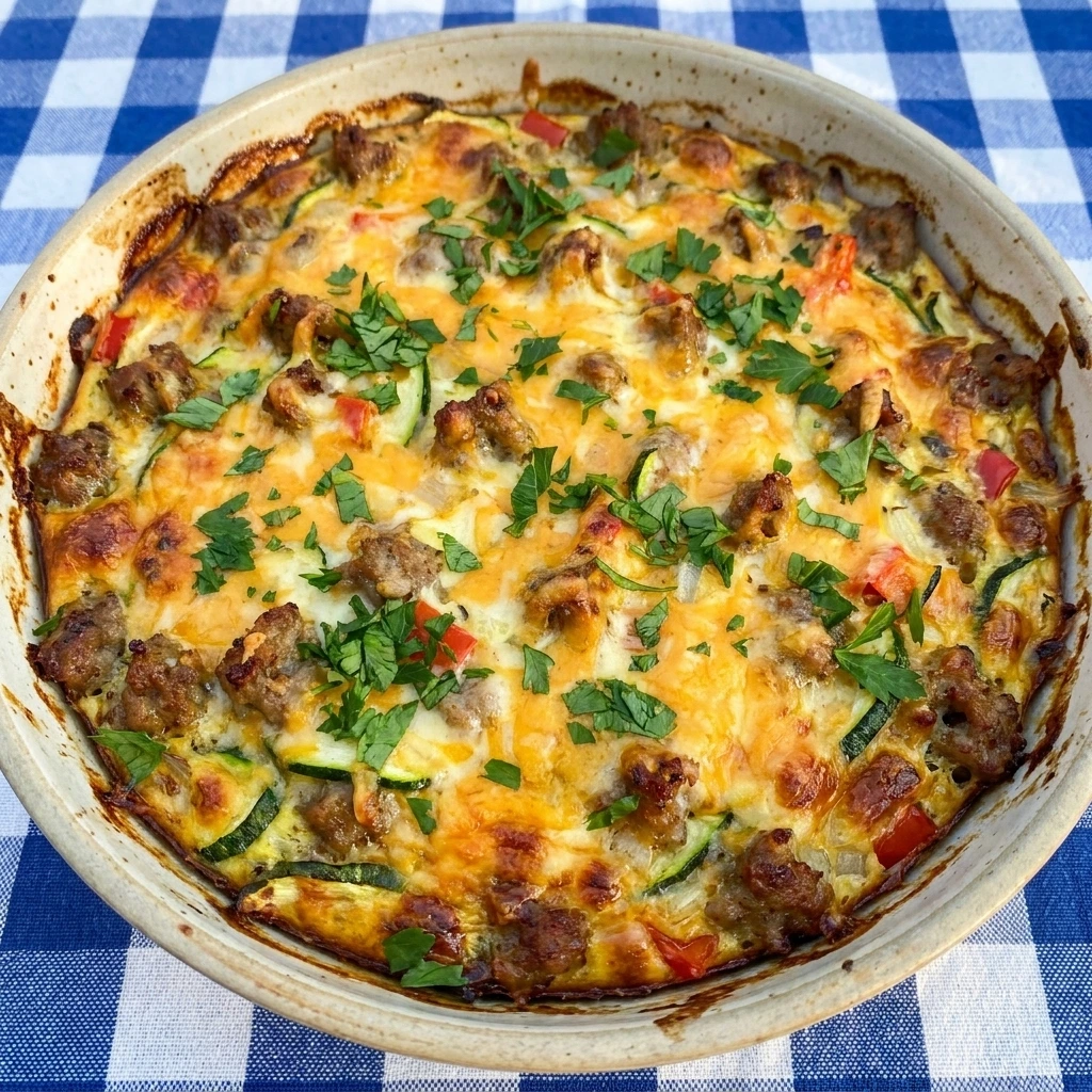 Zucchini Breakfast Casserole baked with eggs cheese sausage and golden edges