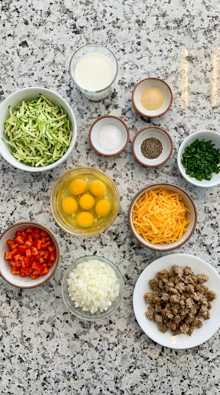 Ingredients for Zucchini Breakfast Casserole arranged in separate small containers