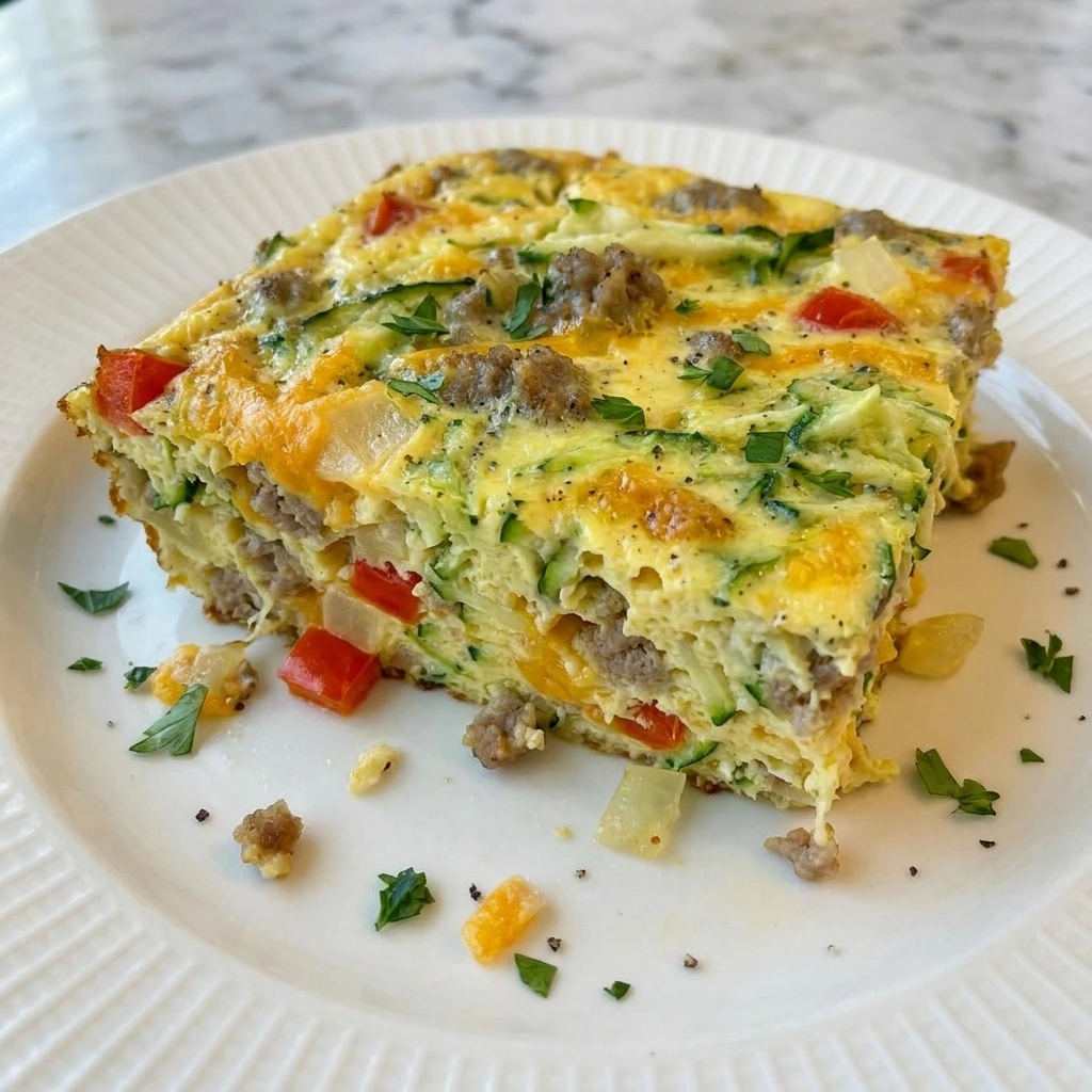 Slice of Zucchini Breakfast Casserole showing tender egg layers and melted cheese