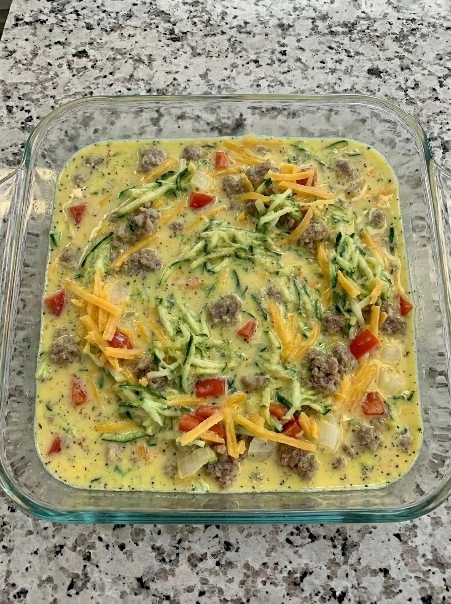 Unbaked Zucchini Breakfast Casserole mixture in ceramic baking dish