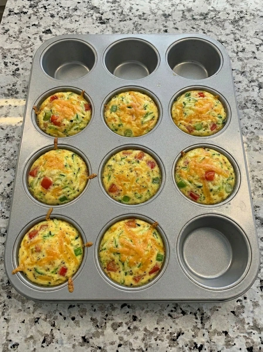 Baked Zucchini Egg Bites with golden tops in muffin cups.