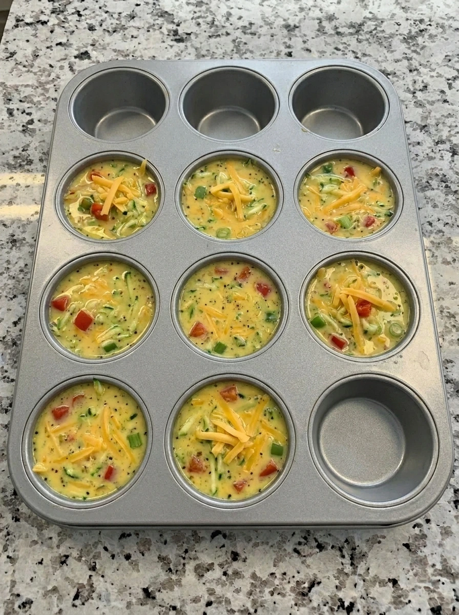 Eight muffin cups filled with Zucchini Egg Bites mixture.