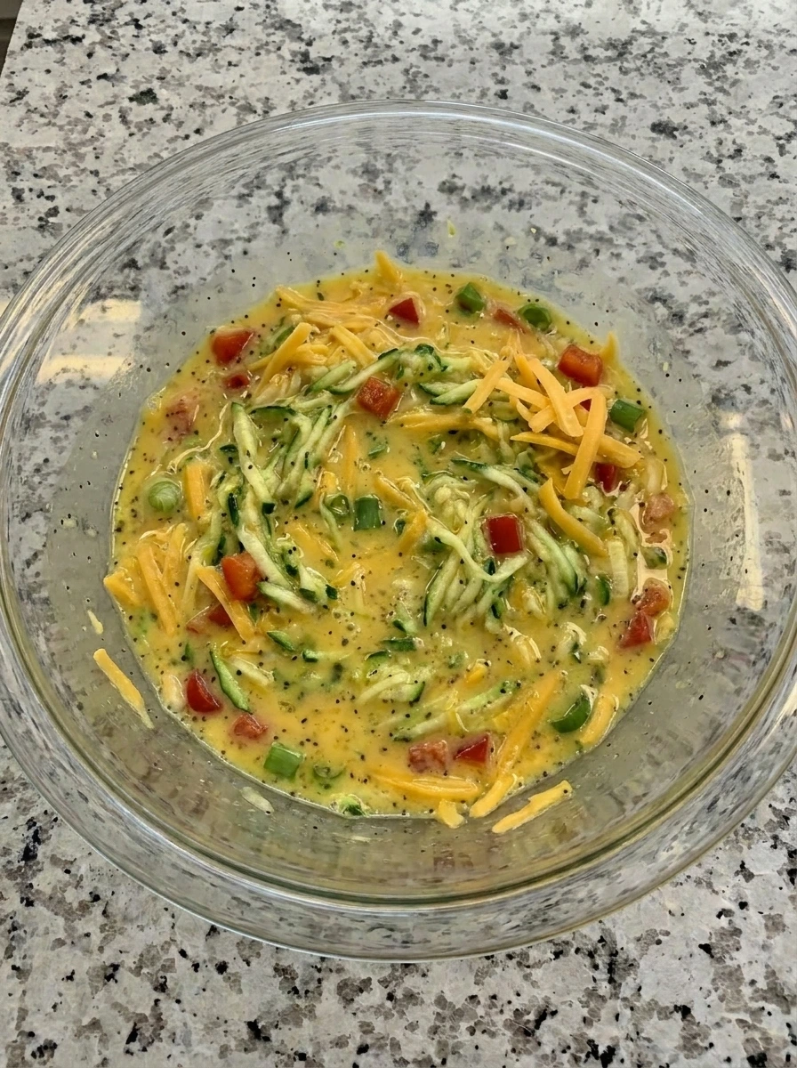 Zucchini vegetables and cheese folded into egg mixture.