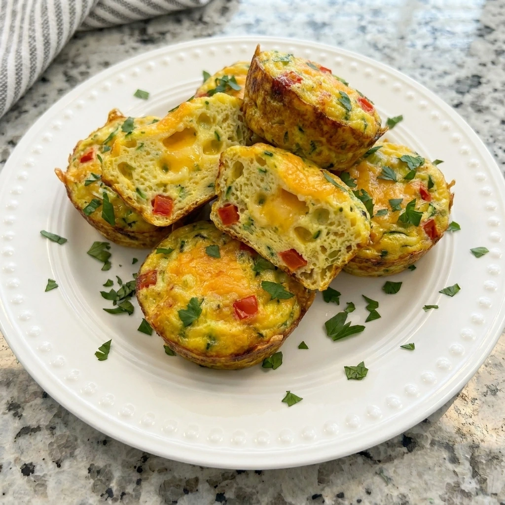 Fully cooked Zucchini Egg Bites with golden tops cheese and zucchini flecks.